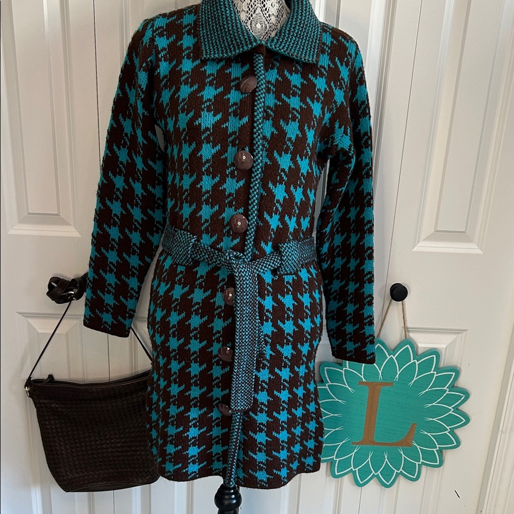 🦩Retro Vibes: "Vintage 90s Teal & Brown Houndstooth Long Sweater Coat"